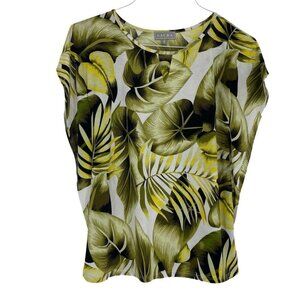 Laura Green and Yellow Botanical Leaf print flutter sleeve blouse keyhole neck S
